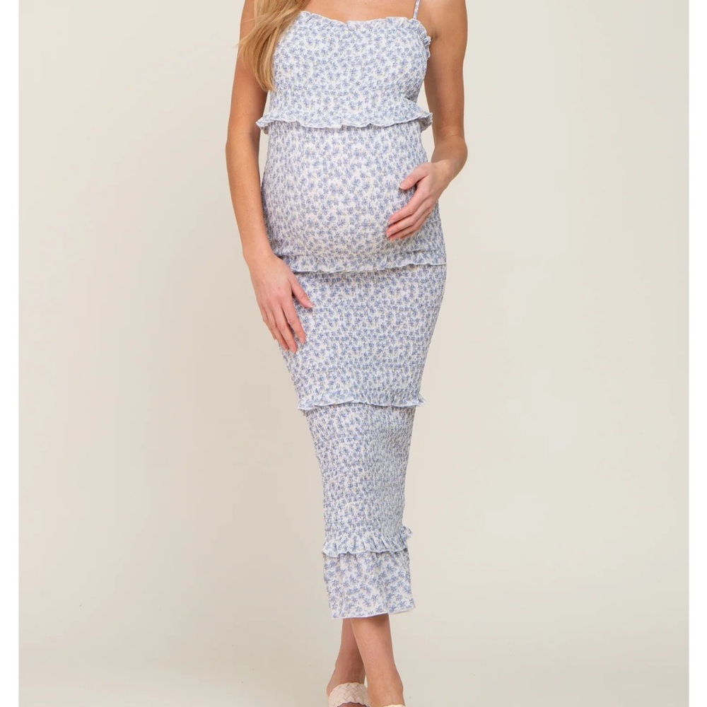 Blue Floral Chiffon Smocked Tiered Square Neck Maternity Midi Dress